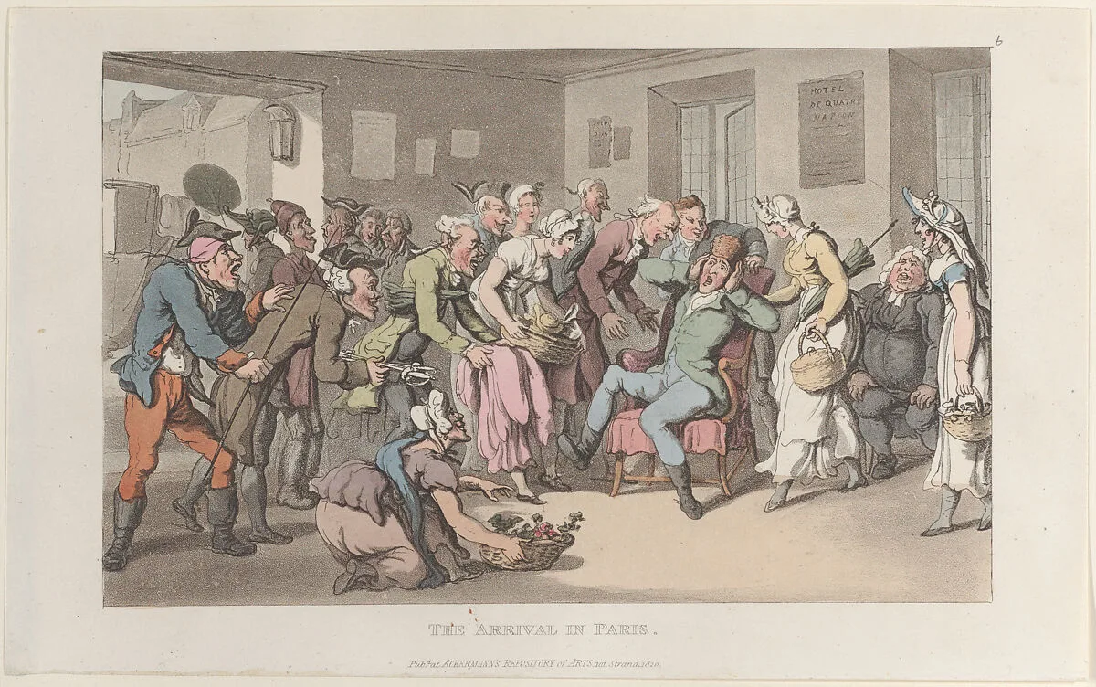 The Arrival in Paris, from "Journal of Sentimental Travels in the Southern Provinces of France, Shortly Before the Revolution" — Thomas Rowlandson|Rudolph Ackermann, London|J. Diggens|William Combe