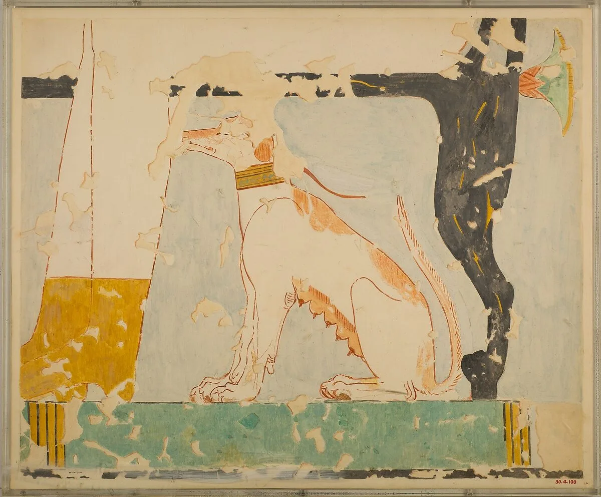 Facsimile of a painting in the tomb of Nebamun: dog seated beneath Its owner's chair — Charles K. Wilkinson