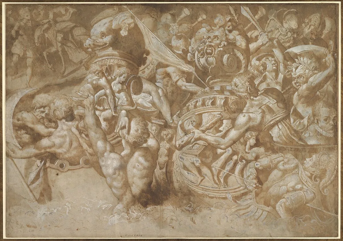 Naval Battle Between Mythological Forces — Anonymous, Italian, 19th century|Giulio Romano