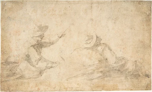 Man Fishing and Man Reclining Against a Rock