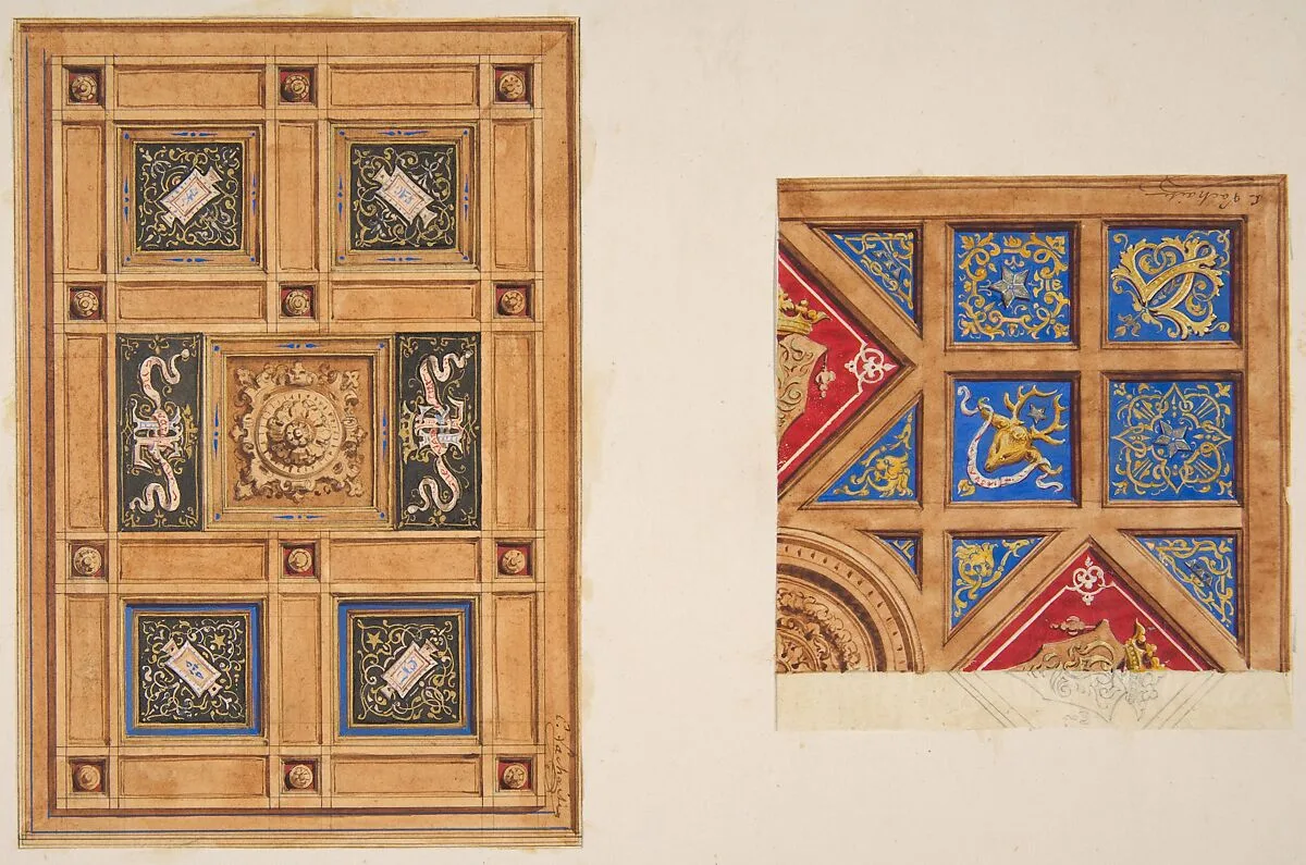 Two designs for paneled ceiling with painted decoration — Jules-Edmond-Charles Lachaise|Eugène-Pierre Gourdet