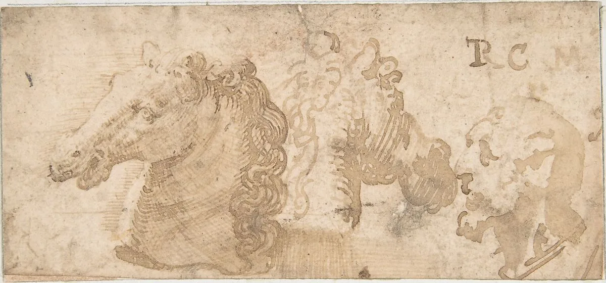 Two Views of a Horse's Head; the Head of a Bearded Man in Profile — Anonymous, Italian, 16th century