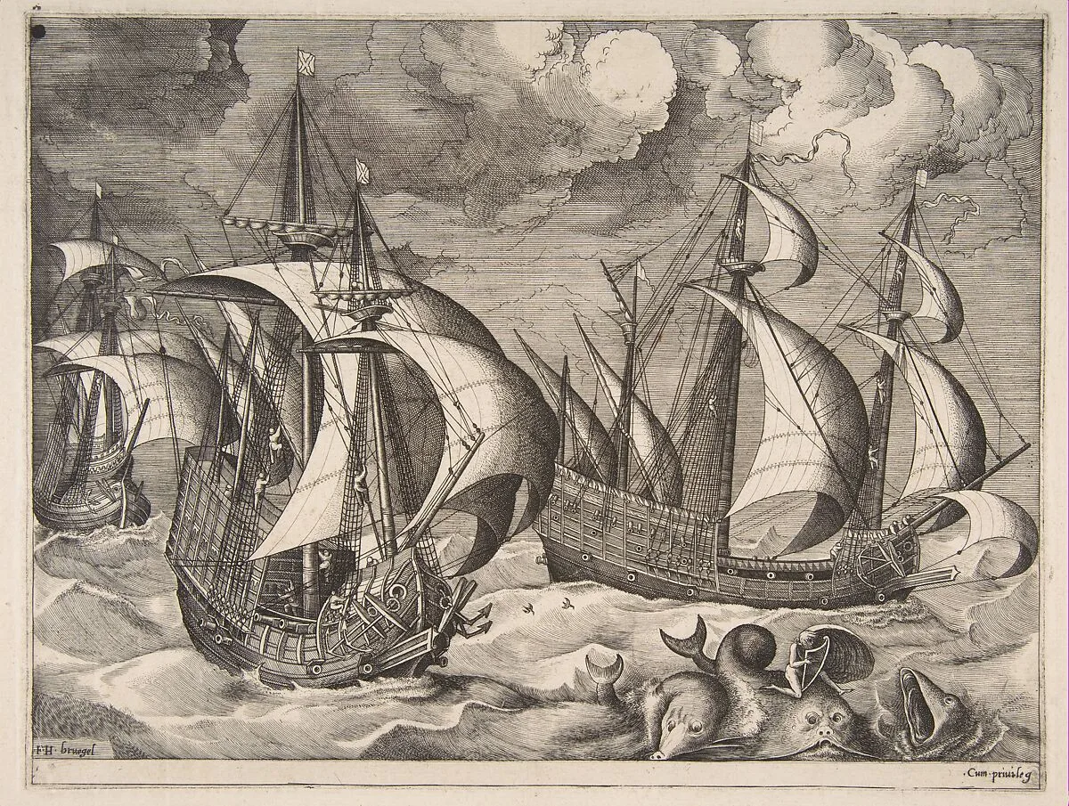 Three Caravels in a Rising Squall with Arion on a Dolphin from "The Sailing Vessels" — Frans Huys|Pieter Bruegel the Elder|Hieronymus Cock