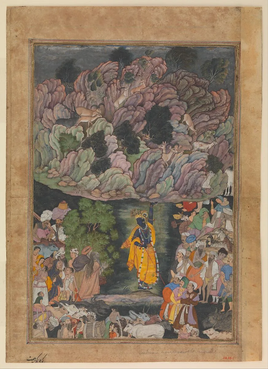 "Krishna Holds Up Mount Govardhan to Shelter the Villagers of Braj", Folio from a Harivamsa (The Legend of Hari (Krishna)) — Unknown