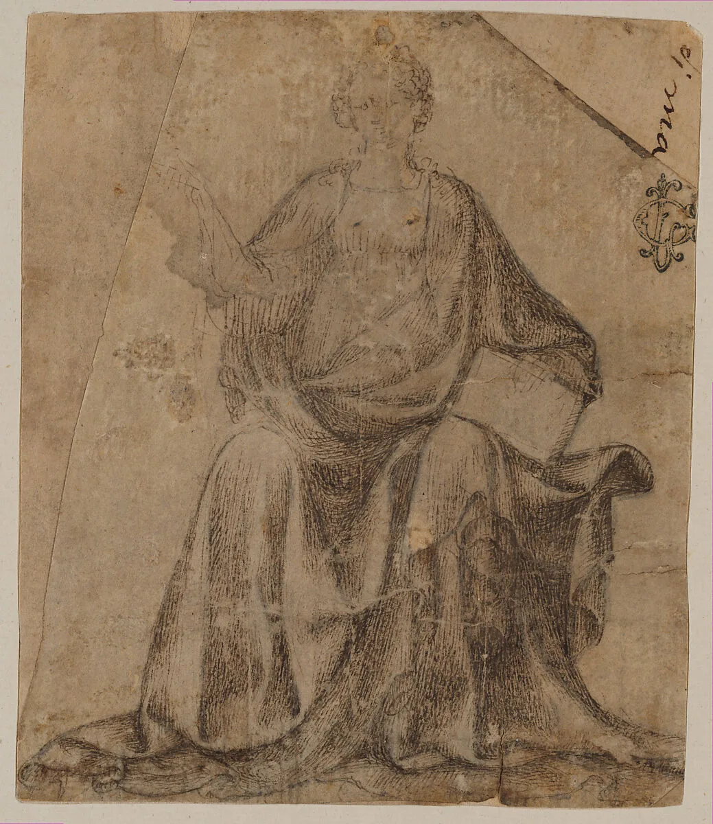 Seated Female Figure Holding a Book and a Scroll (?) — Veronese School
