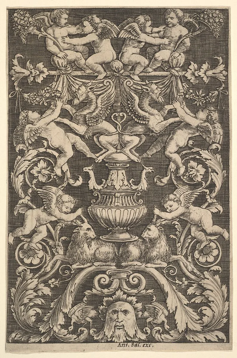 A panel of ornament with putti, goat and other figures — Master of the Die|Perino del Vaga (Pietro Buonaccorsi)|Antonio Salamanca