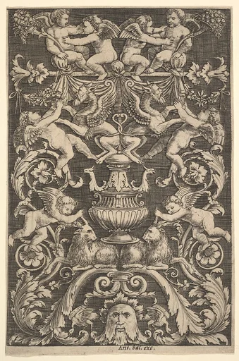 A panel of ornament with putti, goat and other figures