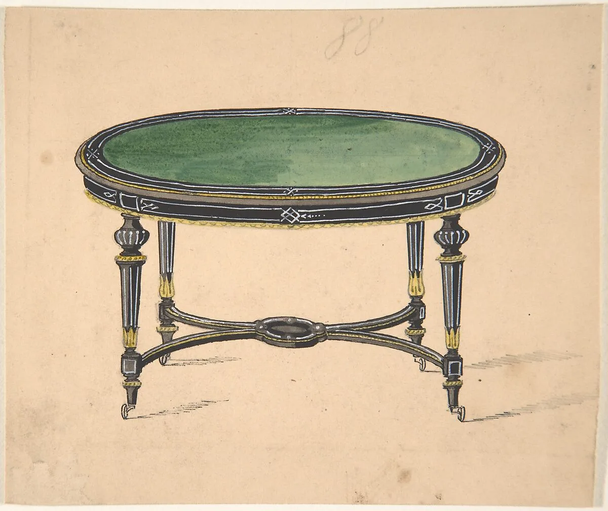Design for a Round or Oval Table with a Green Top and Black and Gold Sides and Legs — Anonymous, British, 19th century