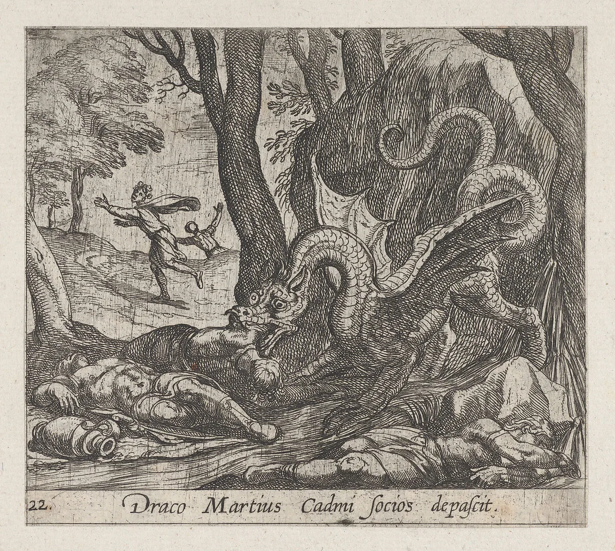 Plate 22: Cadmus's Men Killed by the Serpent (Draco Martius Cadmi socios depascit), from Ovid's 'Metamorphoses' — Antonio Tempesta