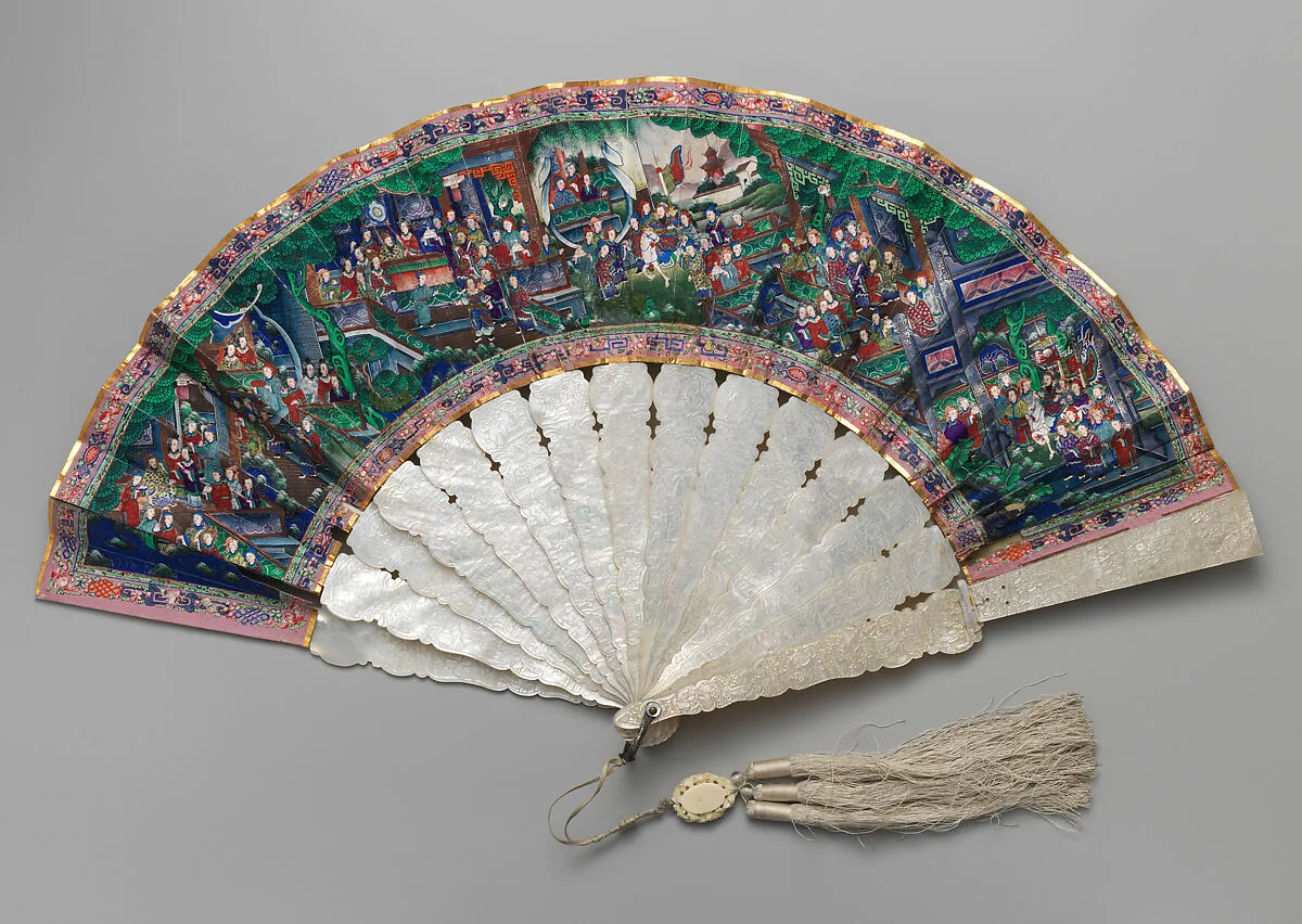 Folding Fan with Scene of Figures in a Courtyard Garden and Stately Entrance — Unknown