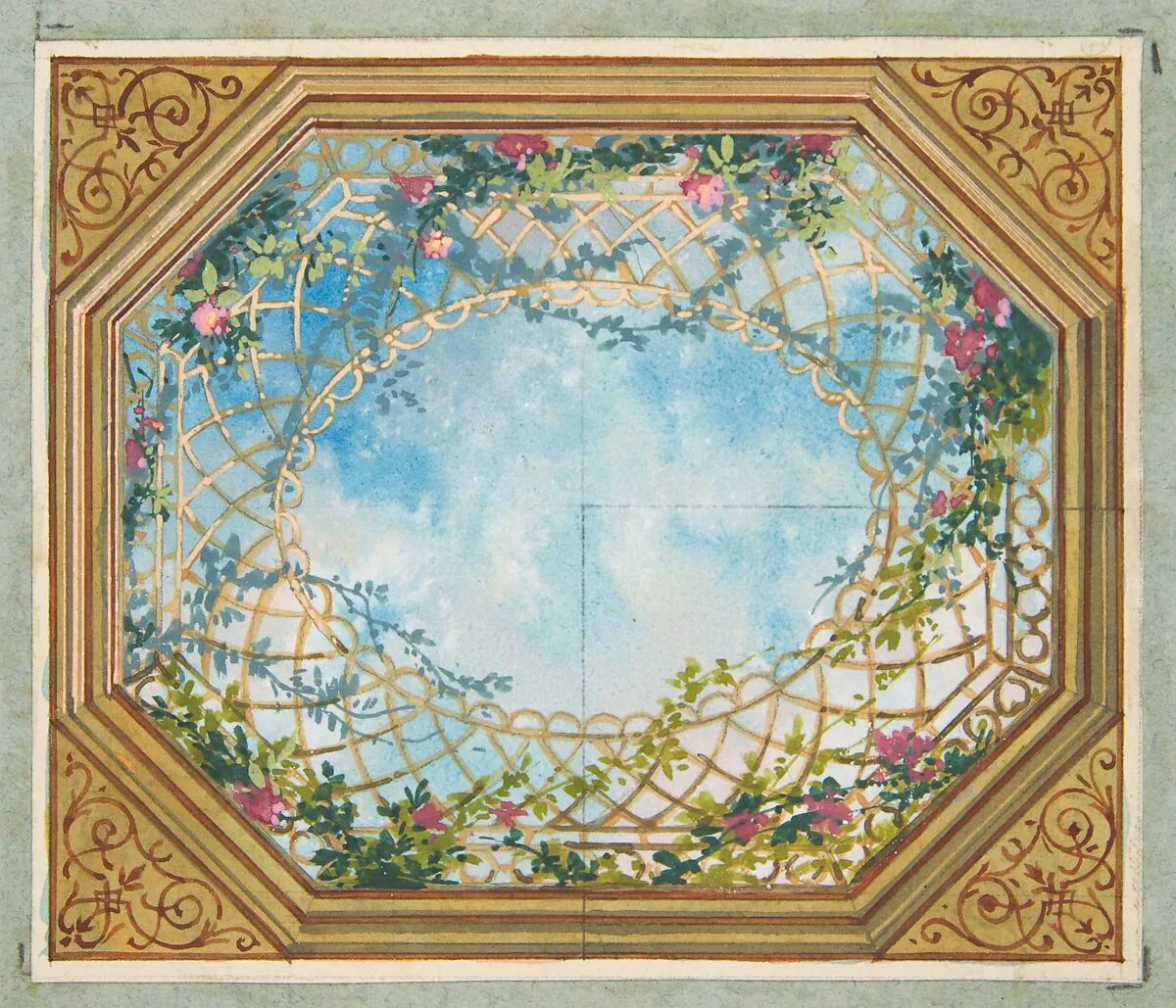 Design for a ceiling painted with clouds, trellises, and roses — Jules-Edmond-Charles Lachaise|Eugène-Pierre Gourdet