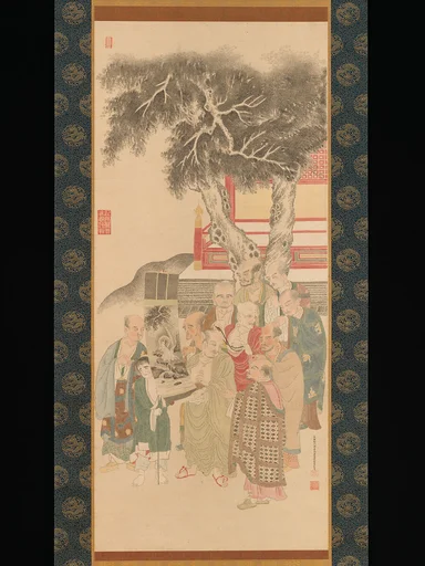 加藤信清筆 羅漢図|Ten Rakan Examining a Painting of White-Robed Kannon
