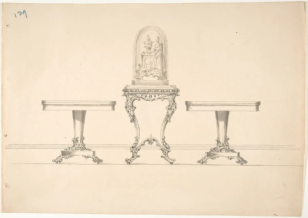 Design for Two Round Pedestal Tables and Square Rococo-style Table Supporting a Clock under Glass — Anonymous, British, 19th century