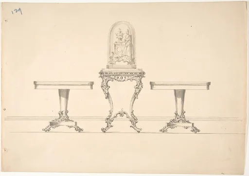 Design for Two Round Pedestal Tables and Square Rococo-style Table Supporting a Clock under Glass
