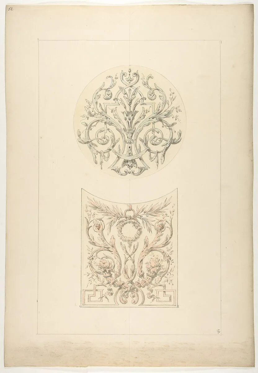 Two designs for decorative motifs featuring cornucopia and rinceaux — Jules-Edmond-Charles Lachaise|Eugène-Pierre Gourdet