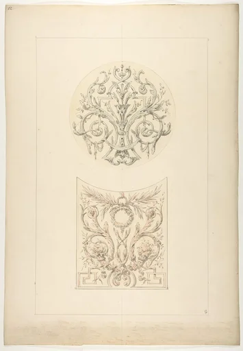 Two designs for decorative motifs featuring cornucopia and rinceaux