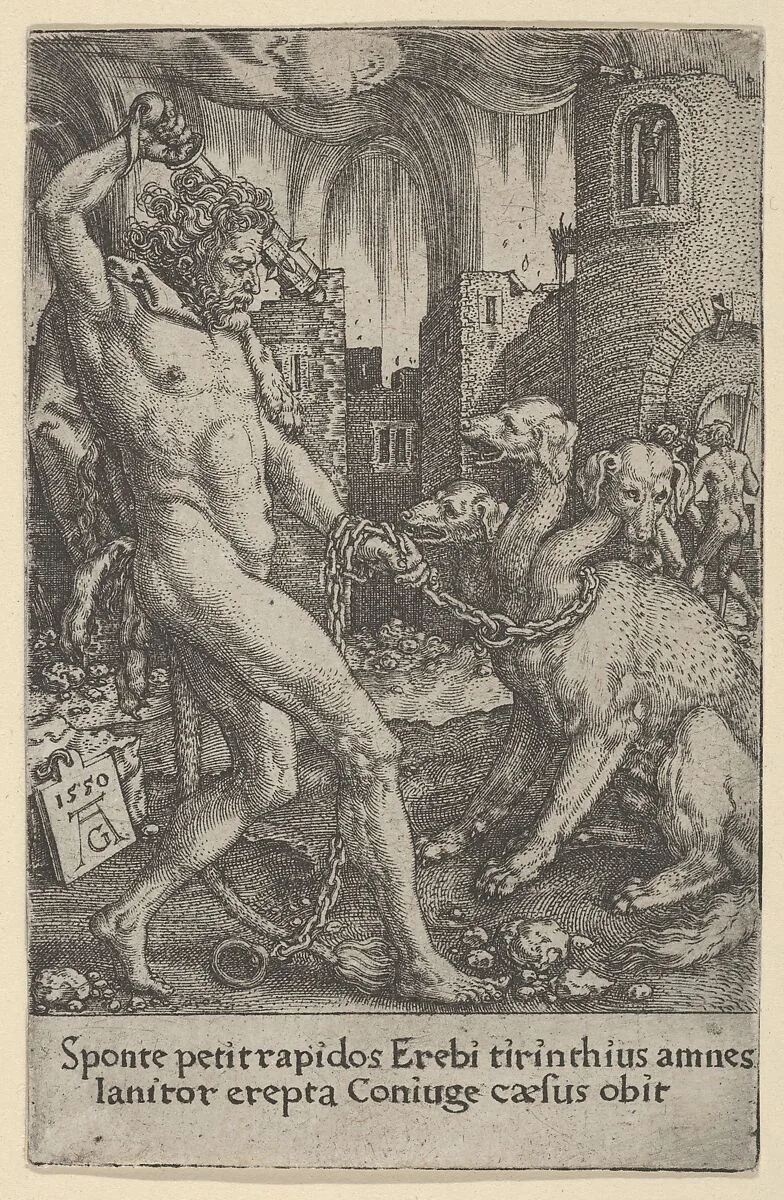 Hercules and Cerberus, from The Labors of Hercules — Heinrich Aldegrever