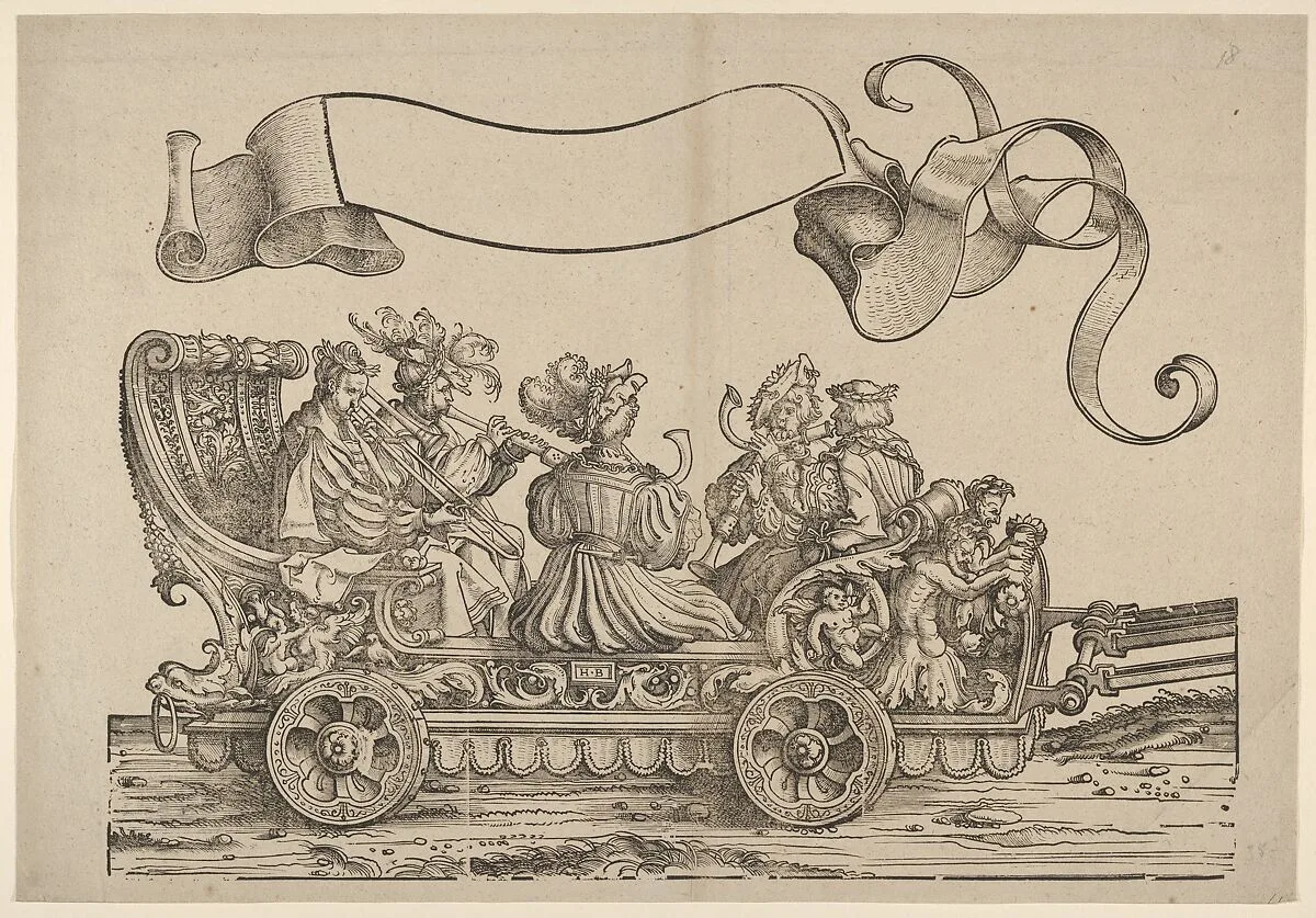 Cart with Horn Musicians, The Triumphal Procession of Emperor Maximilian I — Hans Burgkmair|Jost de Negker|Marx Treitz-Sauerwein von Ehrentreitz