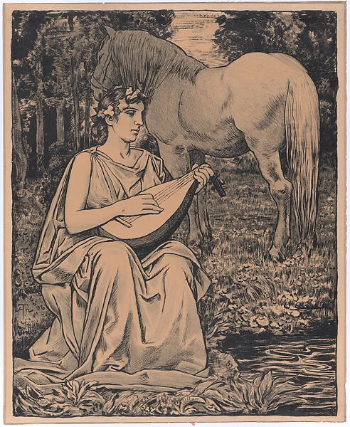 Woman playing a lute in the meadow — Hans Thoma