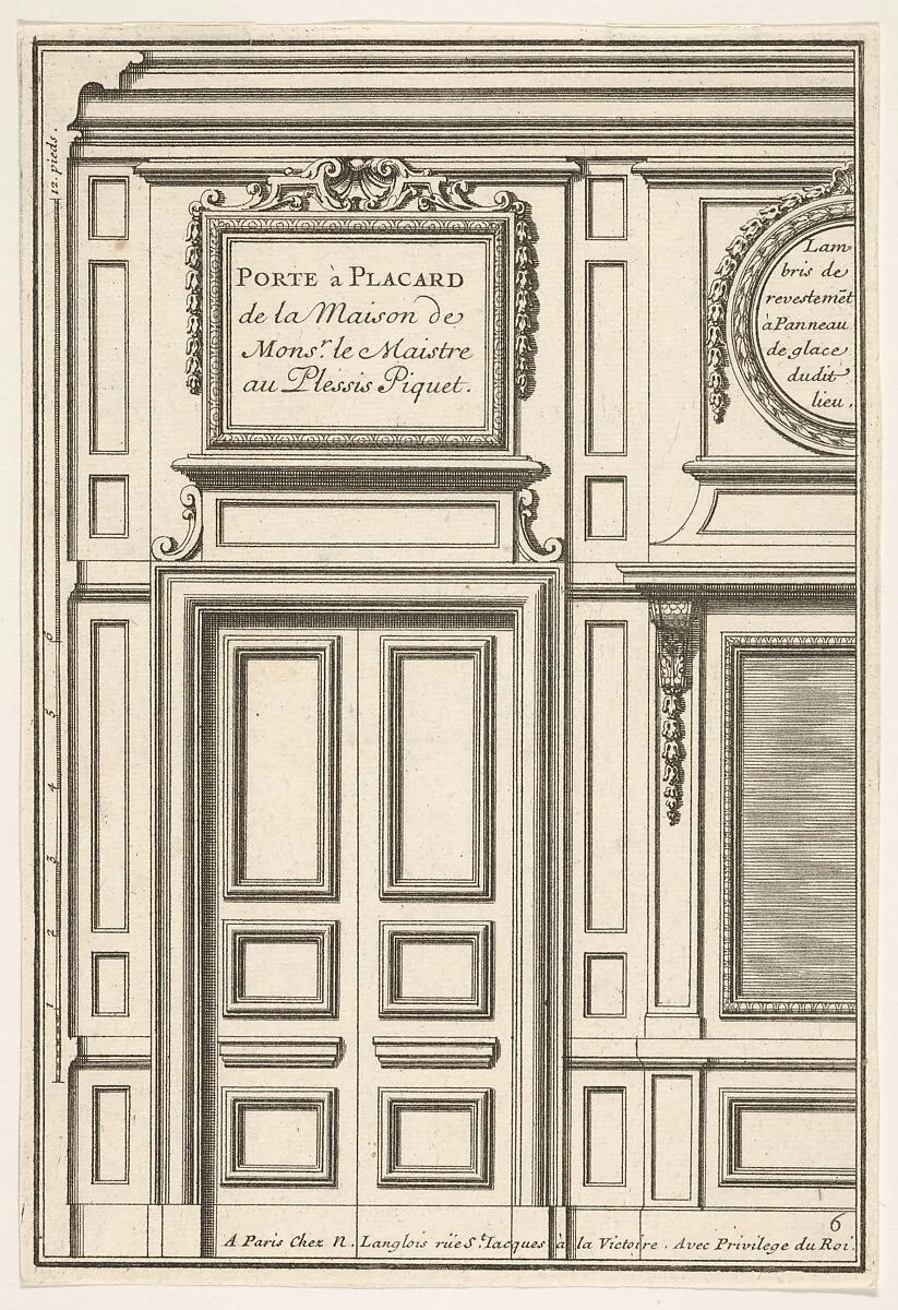 Door and Part of the Wall Paneling with Mirrored Glass from the House of 'Monsieur le Maître' at Plessis Piquet, plate VI from the Series 'Portes a Placard et Lambris', published as part of 'L'Architecture à la Mode' — Jean Le Pautre|Nicolas Langlois