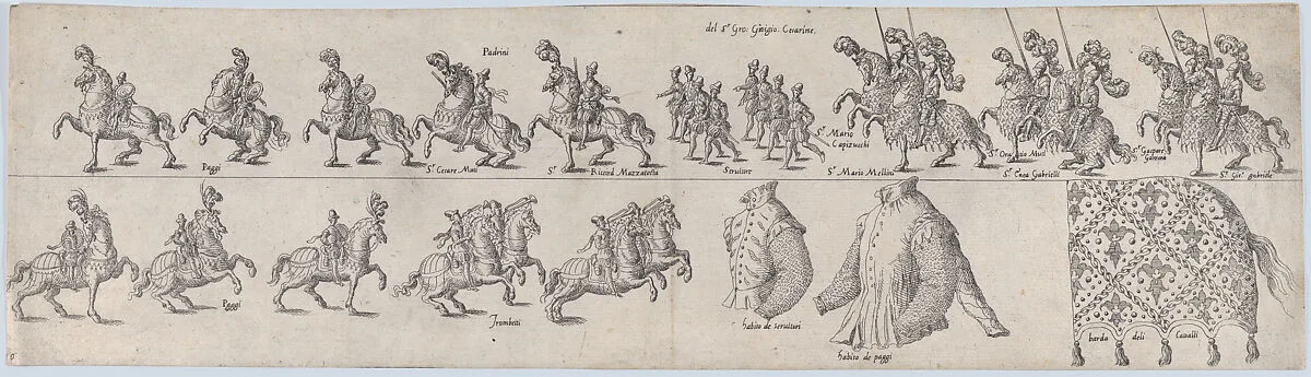 Plate for Giorgio Cesarini, from a series of twelve showing knights and their attendants dressed for a tournament (plate 10) — Anonymous