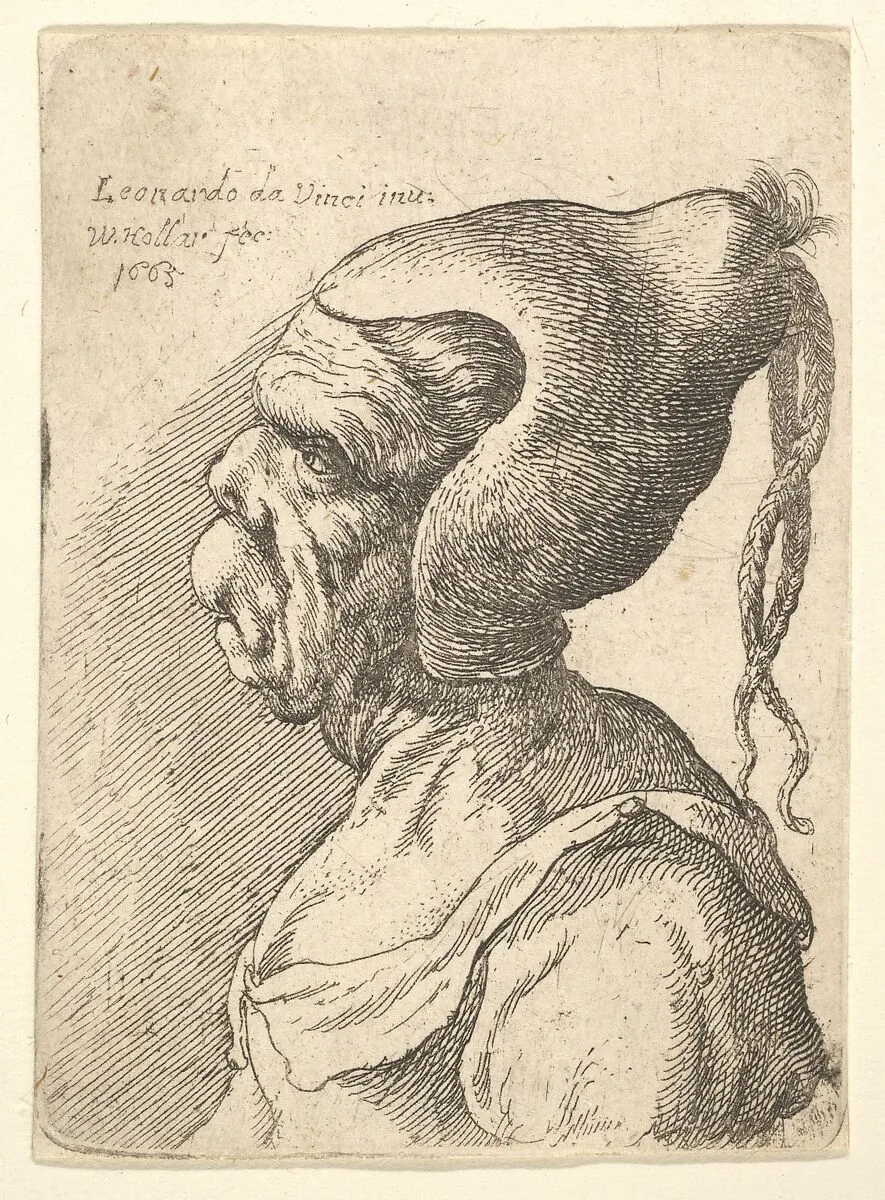 Bust of a deformed woman with conical hat and two dangling plaits in profile to left — Leonardo da Vinci|Wenceslaus Hollar
