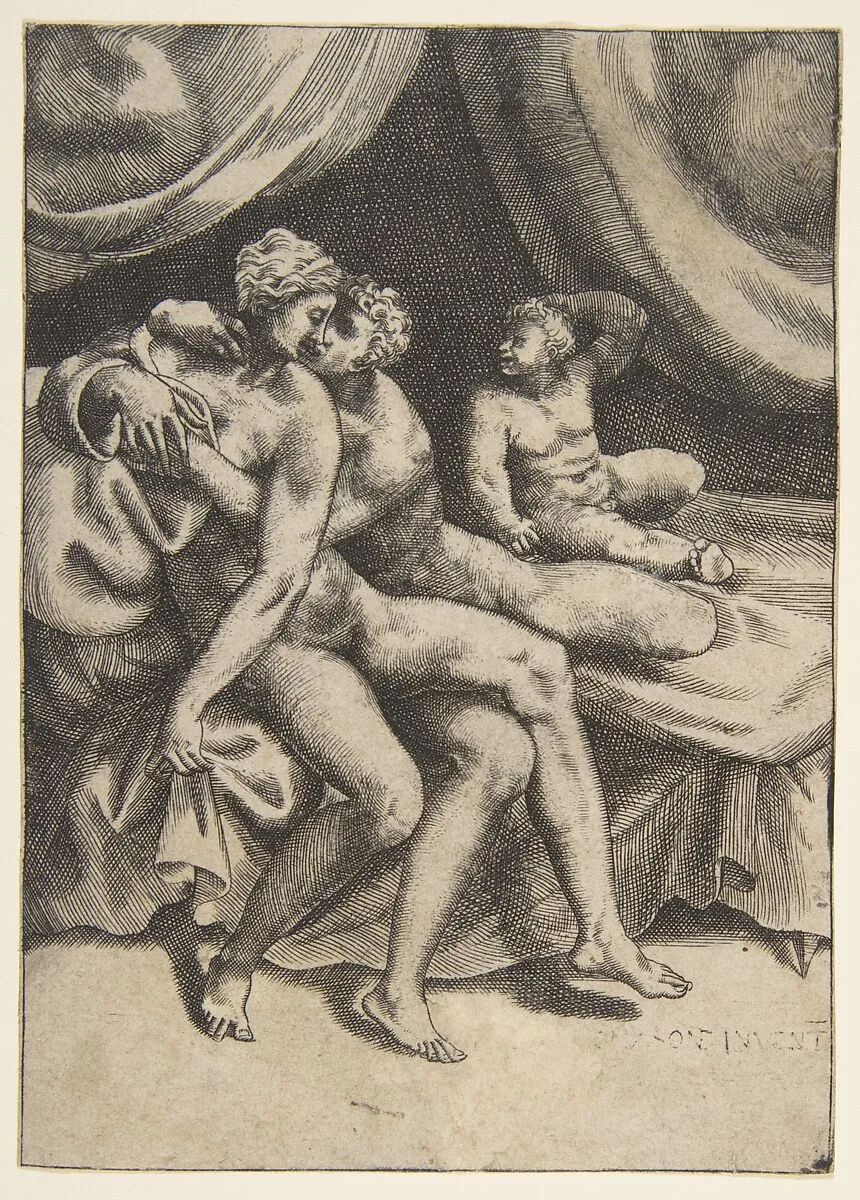 Two lovers on a bed, from "The Loves of the Gods" — Giulio Bonasone