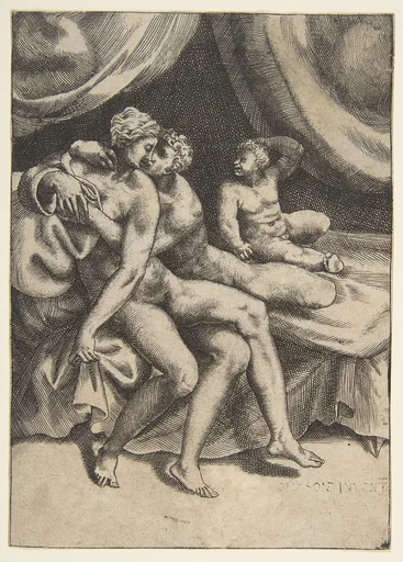 Two lovers on a bed, from "The Loves of the Gods"