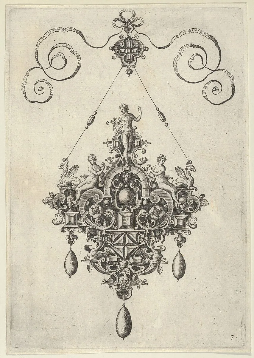 Pendant Design with Apollo Standing on an Arch Flanked by Female Figures Holding Fruit — Jan Collaert I