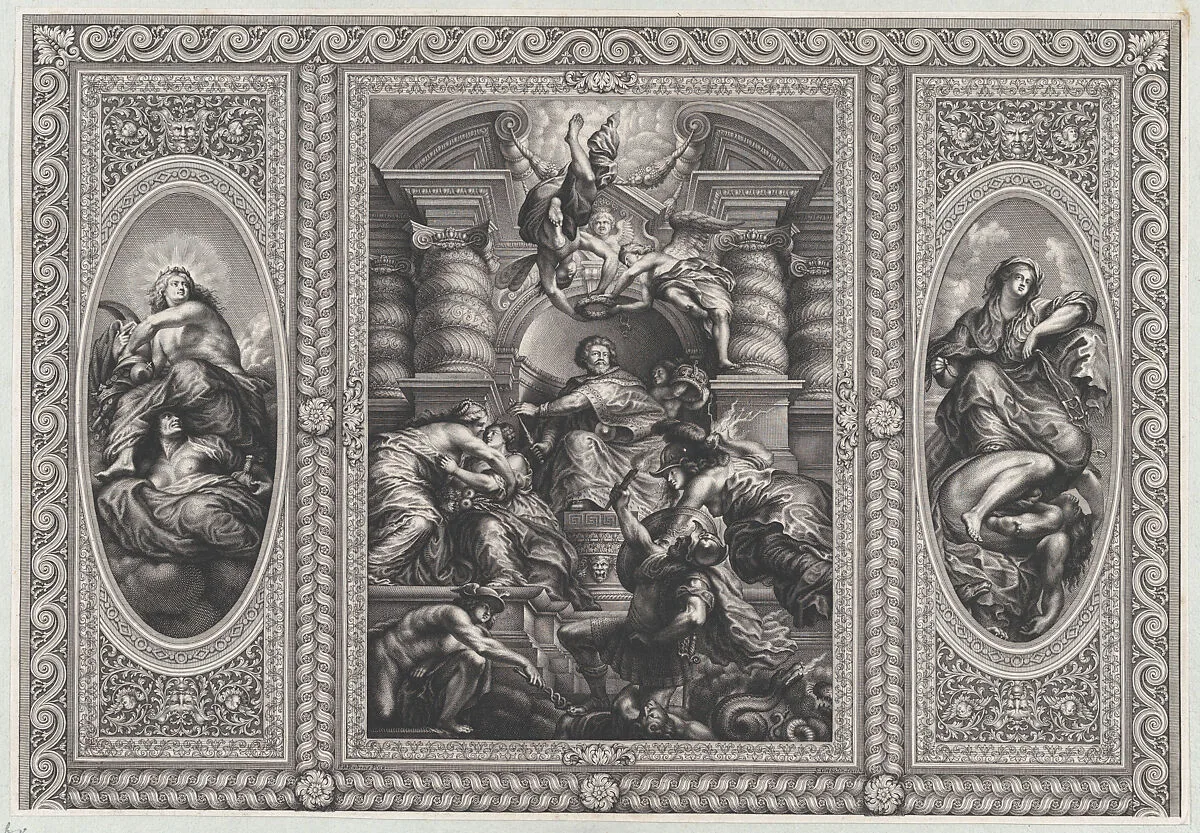 James I appointing Charles as King of Scotland at center, Minerva spearing Ignorance at right, and Hercules beating Envy at left — Charles I, King of England, Scotland, Wales and Ireland|Simon Gribelin II|Peter Paul Rubens|James I, King of England, Scotland and Ireland