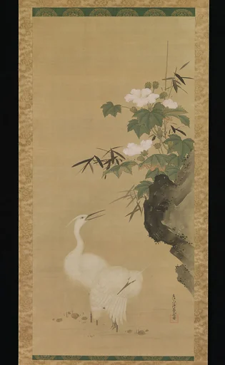 土佐光起筆 芙蓉白鷺図|Egrets and Cotton Roses