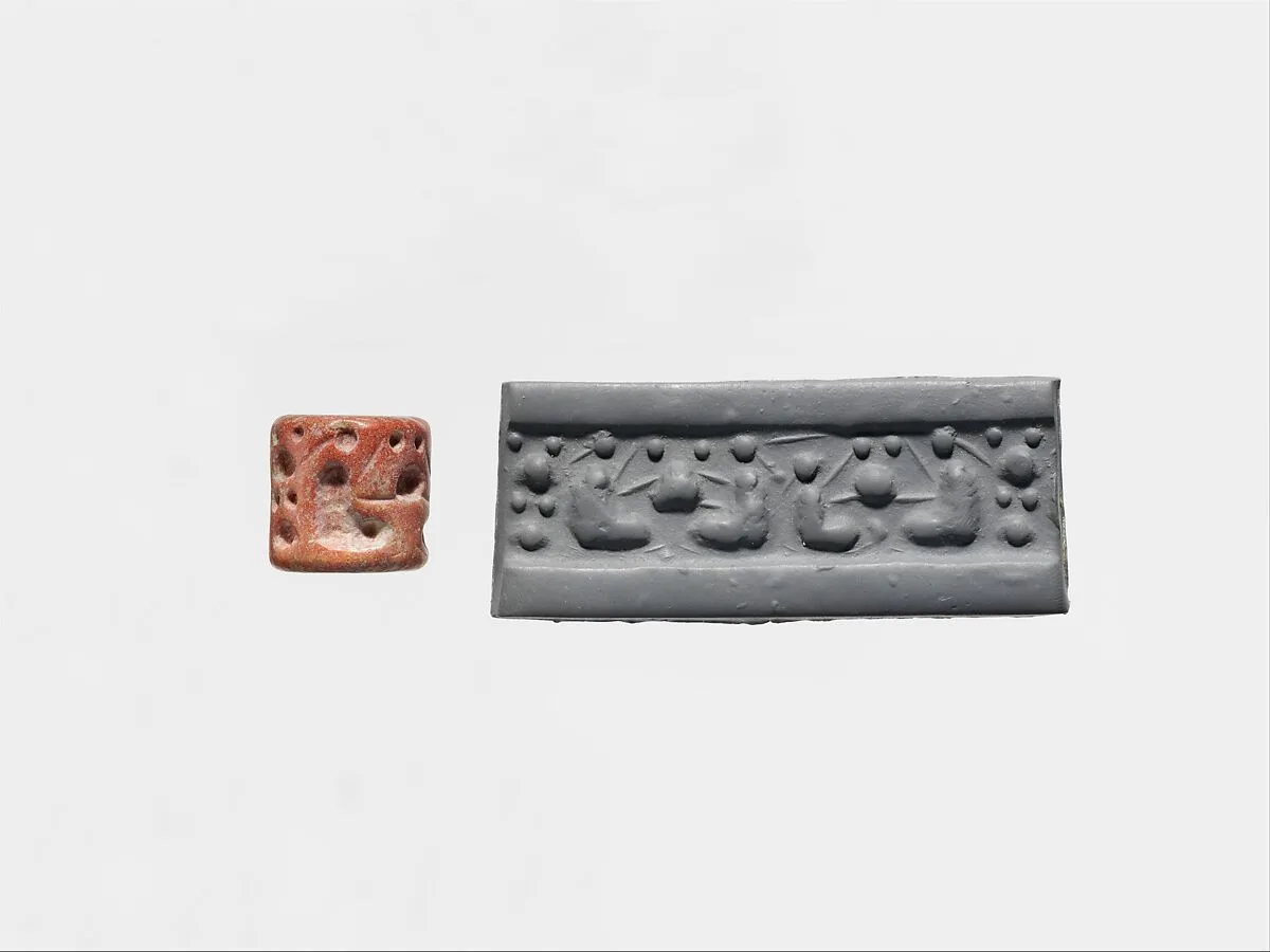 Cylinder seal and modern impression: seated "pigtailed ladies" and pots — Unknown