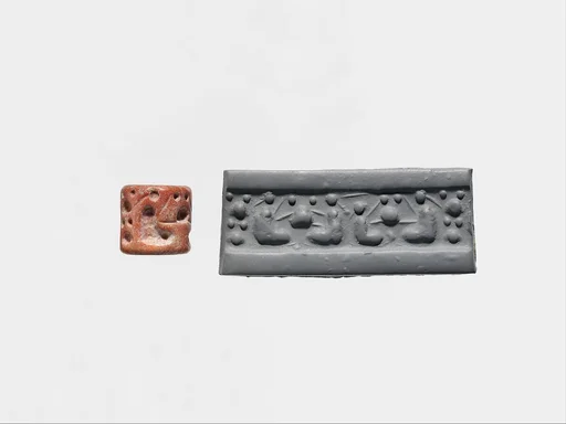 Cylinder seal and modern impression: seated "pigtailed ladies" and pots