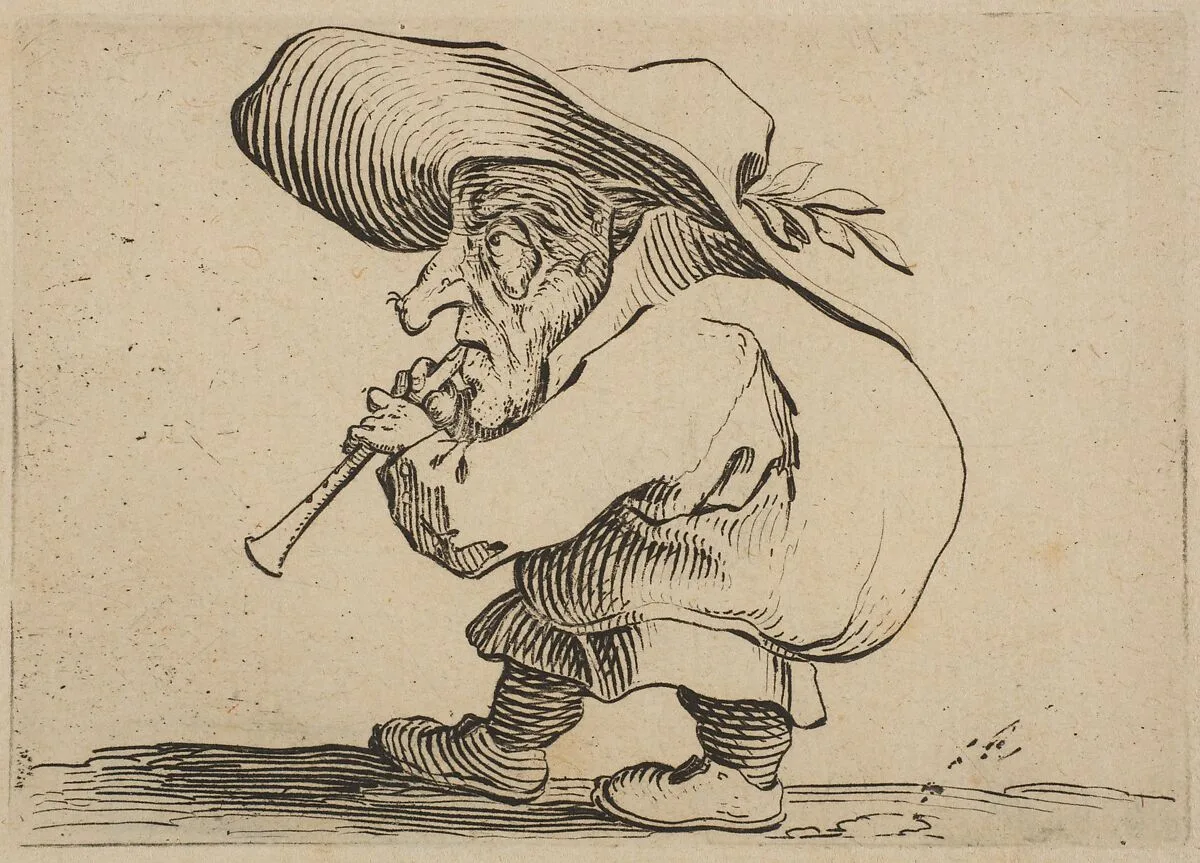 Le Joueur de Flageolet (The Flageolet Player), from Varie Figure Gobbi, suite appelée aussi Les Bossus, Les Pygmées, Les Nains Grotesques (Various Hunchbacked Figures, The Hunchbacks, The Pygmes, The Grotesque Dwarfs) — Jacques Callot