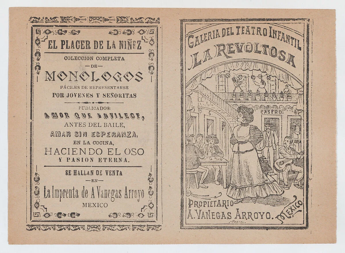 Cover for 'La Revoltosa', a woman standing in the middle of a saloon surrounded by people playing games and music — Antonio Vanegas Arroyo|José Guadalupe Posada