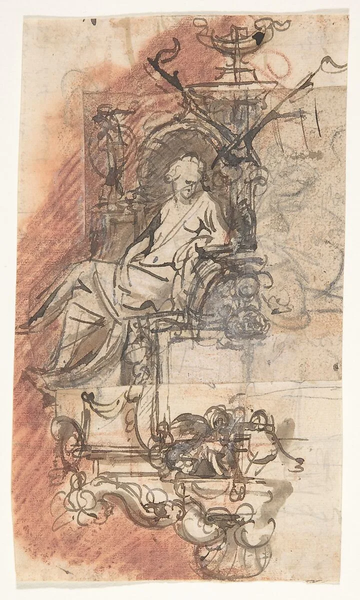 Design for a sepulchral monument with a seated female figure; verso: Design for a statue of a standing male figure and fragment of a letter — Pieter Verbruggen the Younger|Anonymous, Flemish, 17th century|Michiel van der Voort