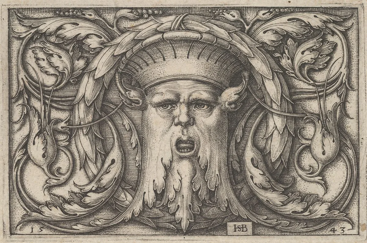Horizontal Panel with a Bearded Amascaron in a Medallion at Center Surrounded by Tendrils — Sebald Beham