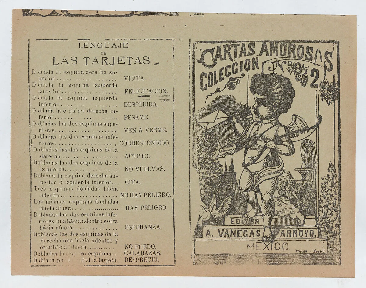 Front and back covers printed on the same sheet for a collection of love letters (number 2), Cupid holding a bow in image at the right — José Guadalupe Posada|Antonio Vanegas Arroyo