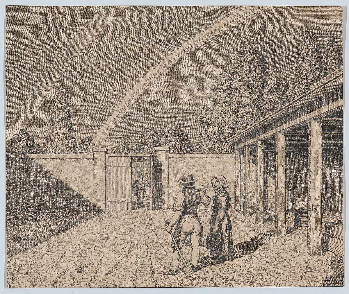 A couple conversing in a stable yard, with a double rainbow overhead, from 'Linear Perspective, Applied to the Art of Painting' — Christoffer Wilhelm Eckersberg