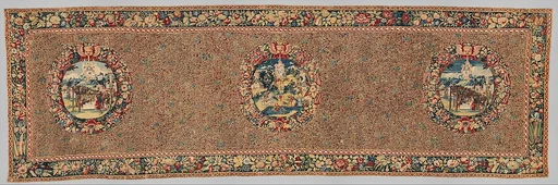 Cartouches with landscapes and armorials against a mille-fleurs ground