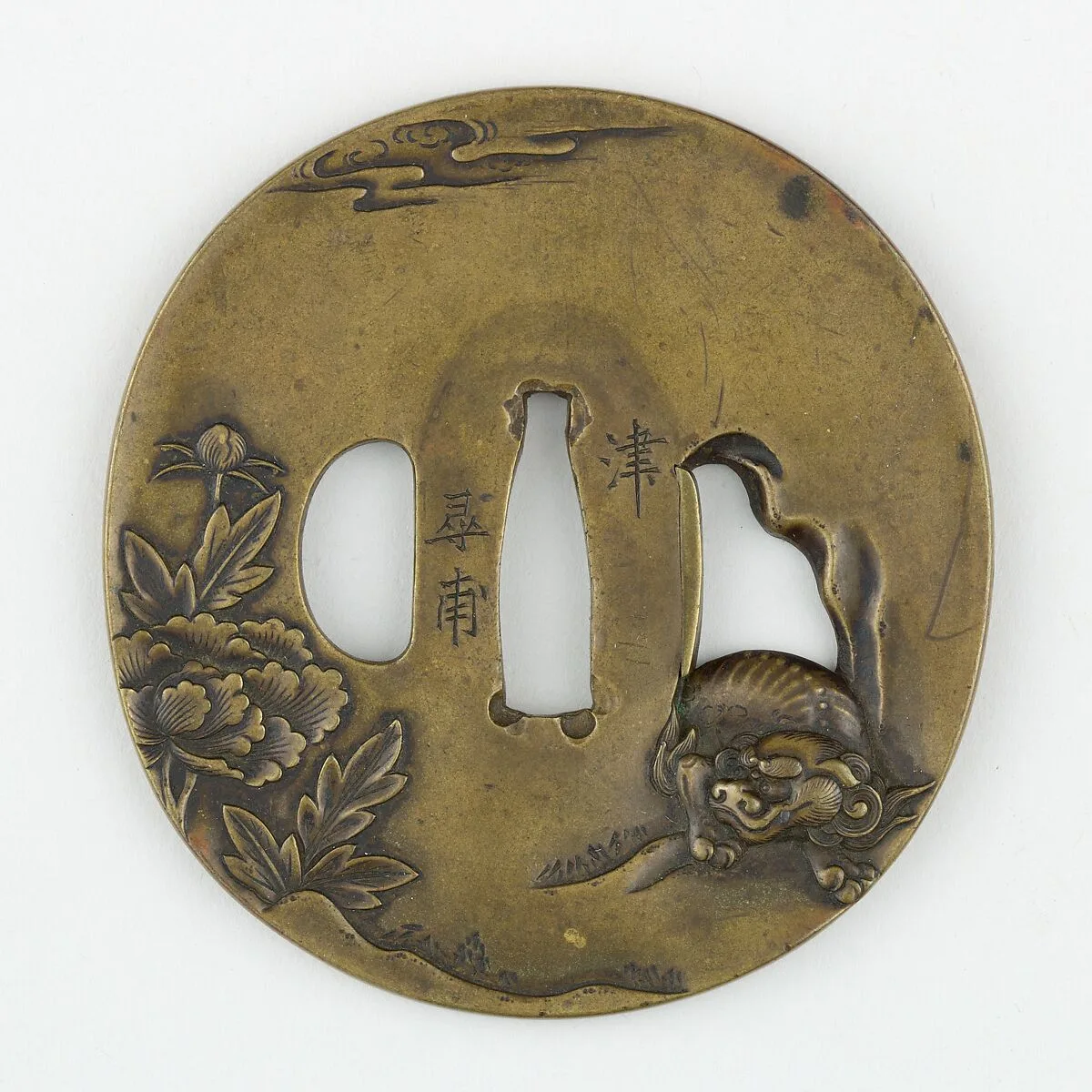 Sword Guard (<i>Tsuba</i>) With <i>Shishi</i> Lion and Peonies Motif (獅子牡丹図鐔) — Unknown