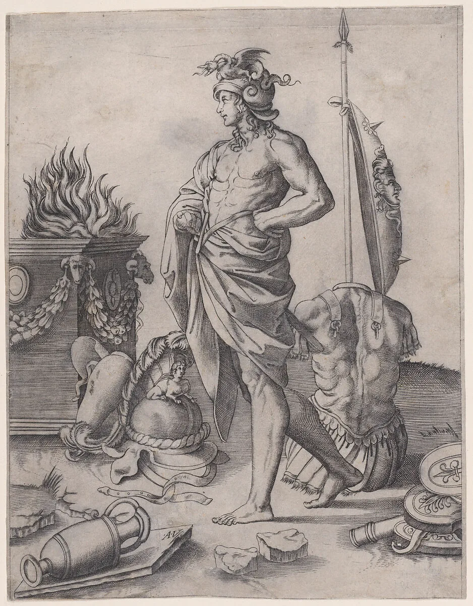 A Young Hero near an Altar — Agostino Veneziano (Agostino dei Musi)|Raphael (Raffaello Sanzio or Santi)