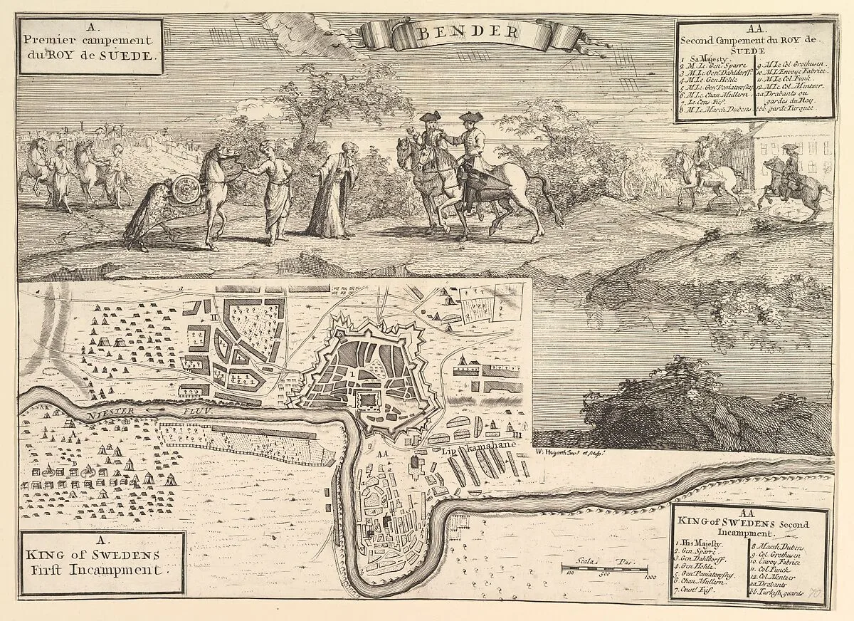 Charles XII at Bender (Aubry de La Mottraye's "Travels throughout Europe, Asia and into Part of Africa...," London, 1724, vol. II, pl. 30) — S. Parker|William Hogarth|Aubry de La Mottraye
