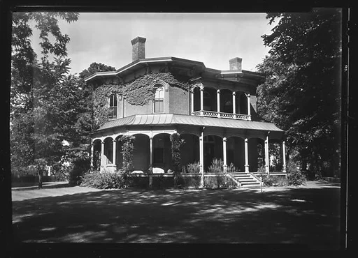 [Brick Italianate Revival House with Full-Façade Porch and Ivy-Covered Second Floor, Northampton, Massachusetts]