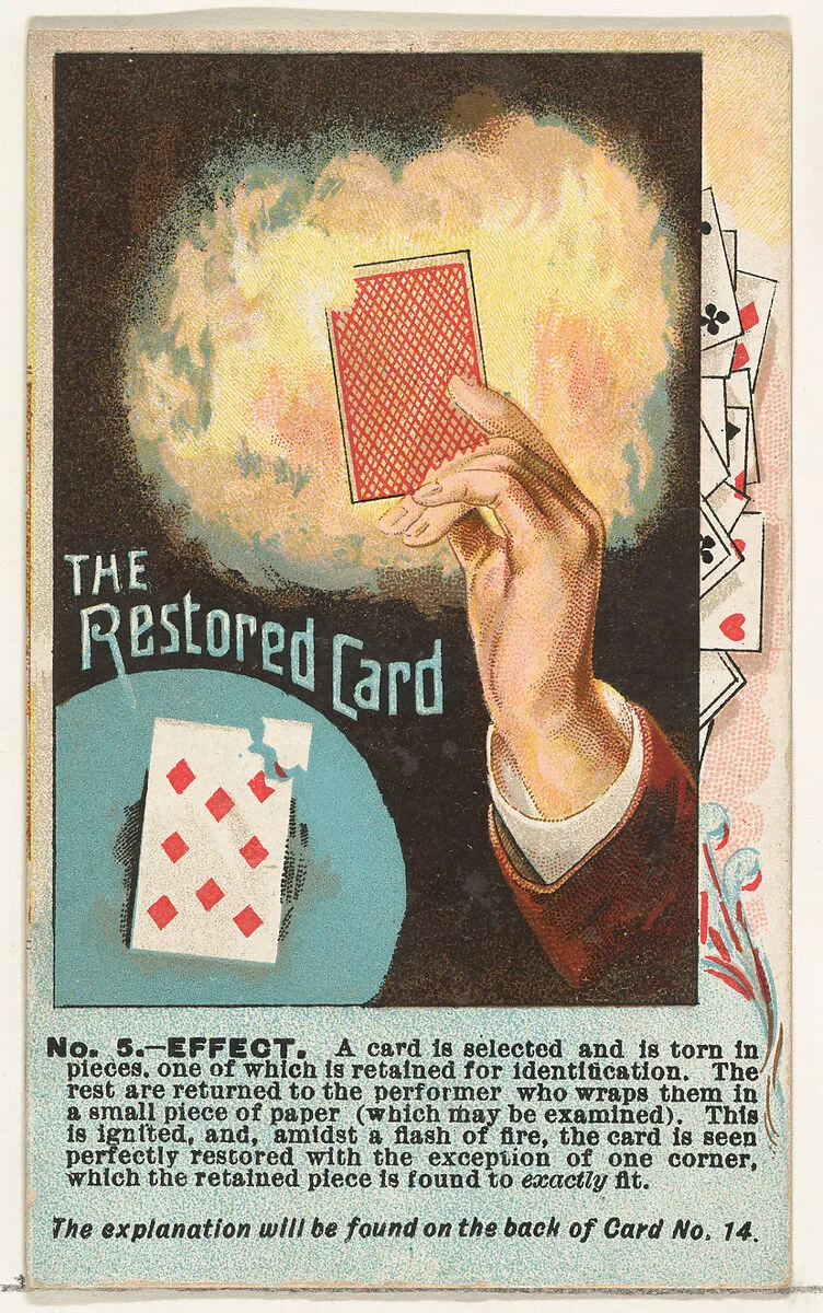 Number 5, The Restored Card, from the Tricks with Cards series (N138) issued by W. Duke, Sons & Co. to promote Honest Long Cut Tobacco — W. Duke, Sons & Co.|The Giles Company