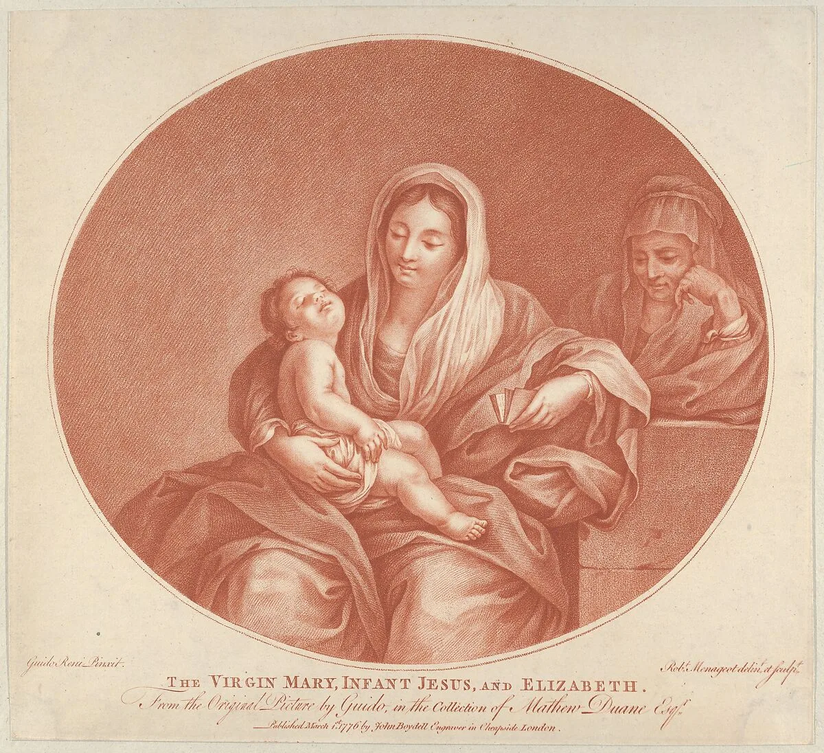 The Virgin seated with the infant Christ sleeping in her lap, Saint Elizabeth at right, an oval composition, after Reni — Guido Reni|John Boydell|Robert Menageot