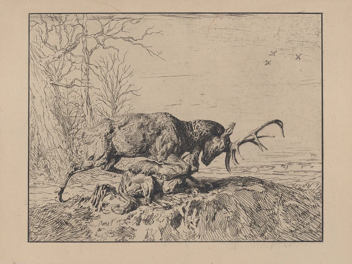 Stag Fighting a Wolf, after Antoine Louis Barye — Antoine-Louis Barye|Charles Jacque
