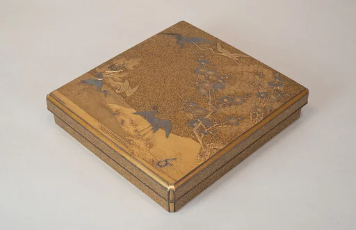鶴松梅文字散し蒔絵硯箱|Writing Box with Cranes, Pines, Plum Blossoms, and Characters