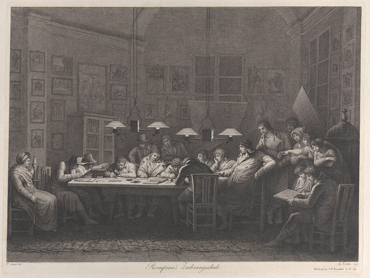 Rosaspina's drawing academy: class of students sketching seated around a table with Rosaspina at the end of the table with women and other spectators — Johann Friedrich Frauenholz|Giulio Tomba|Felice Giani