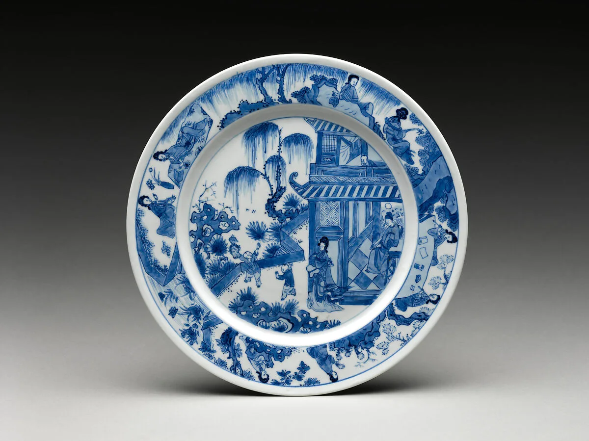 清 景德鎮窯青花嬰戯盤|Dish with scene of a family — Unknown